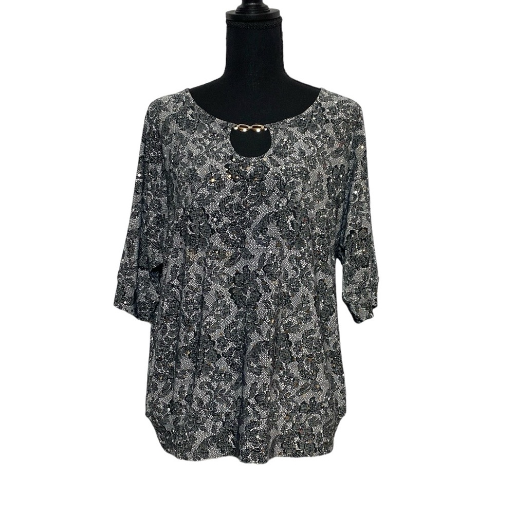 Silver Black Floral V-Neck Top M